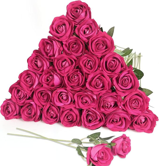 30pcs Silk Roses Artificial Flowers Hot Pink Fake Rose with Long Stem for Arrangement Wedding Party Home Decoration