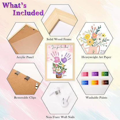 DIY FlowerHandprint Craft Kit for Grandma, Unique Gifts for Grandma, Birthday Gift for Mom Grandma Nana Mimi, Christmas and New Year Gifts(12" x 16", 2 Art Papers, Wood Frame)