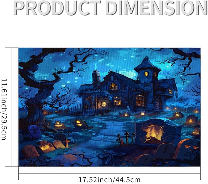 Halloween Castle Scary Blue Placemats Set of 4 PVC Vinyl Non Slip Table Mats Heat Resistant Place Mats Washable Wipeable Dining Table Mat for Kitchen Decor Party Indoor Outdoor Decorative Gift