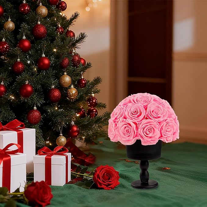 Eternal Rose Dome with Vintage Pedestal, 23 Forever Preserved Roses Arrangement for Home Decoration, Ideal Gift for Christmas,Valentine's Day, Mother's Day, Birthdays-Pink