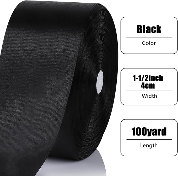 NESCCI 100 Yards Ribbon,1-1/2 Inch Black Satin Ribbon,Single Face Satin Ribbons,Perfect for Gift Wrapping,Wedding Decoration,Handmade Bows,Wrapping Bouquet and More