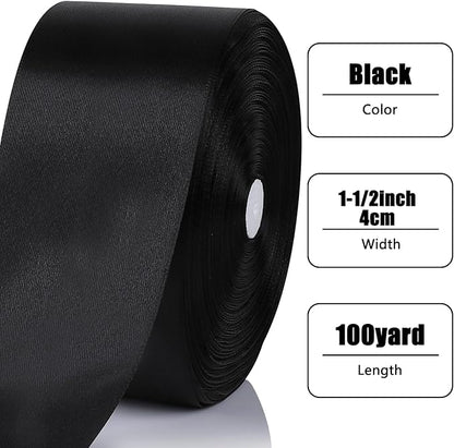 NESCCI 100 Yards Ribbon,1-1/2 Inch Black Satin Ribbon,Single Face Satin Ribbons,Perfect for Gift Wrapping,Wedding Decoration,Handmade Bows,Wrapping Bouquet and More