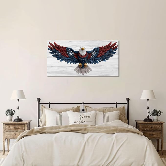 Bald Eagle Canvas Wall Art American Eagle Wall Décor -American Bald Red Blue Flag Canvas Wall Art Usa Independence Day Prints Painting Ready to Hang for Living Room, Bedroom, Office, Dorm 46L" x 23W"
