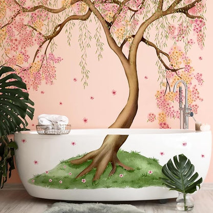Large Pink and Yellow Cherry Blossom Tree Wall Decals Green Leaves Wall Stickers, Large Floral Wall Stickers for Living Room Tv Background Bedroom Wall Decor, 52.36 x 41.99 inches