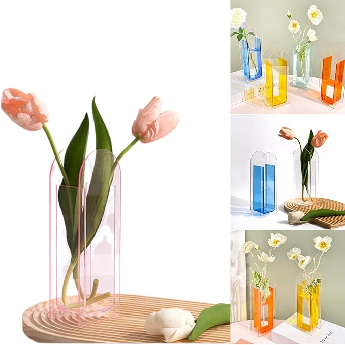 Acrylic Vase for Home Decor, Arch Shape Centerpiece Vase for Table or Wedding Decorations, Acrylic Flower Vase in Aqua Pink, Modern Minimalist Style for Living Room Display (Pink)
