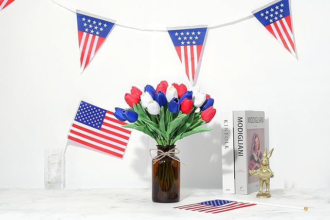 SITUMEIZI 15pcs 4th of July Flowers Tulips Fake Artificial Flowers Silk 14" Patriotc Flower for Independence Day Home Decor Kitchen Floral Arrangements Table Centerpieces(Mix,3)