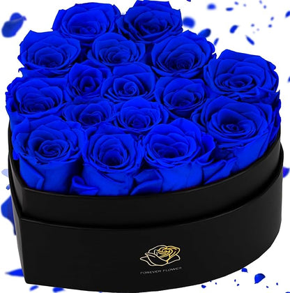16-Piece Forever Flowers Heart-Shaped Box – Real Immortal Preserved Roses Lasting a Year, Perfect for Birthday, Girlfriend, Mother, or Wife, Valentine Day Gift for Her - Blue