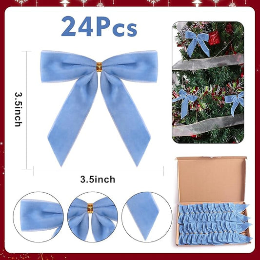24 Pcs Light Blue Small Velvet Christmas Bows for Christmas Tree, Wreath, Gift Wrapping, Crafts, Wedding, Party, Twist Tie Bows for Treat Bag Bakery Candy Bags, Home Decor 1"W,3.5 x 3.5 inch