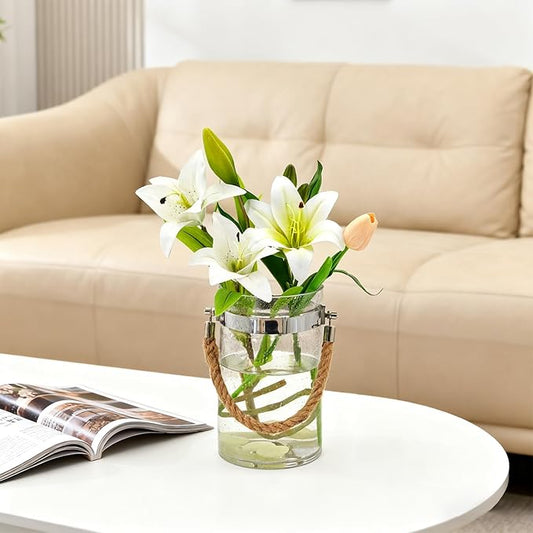 Barrel-Shaped 8.46" Large Mouth Clear Glass Vase with Hemp Rope Handle - Ideal for Floral Arrangements, Bouquets, Floating Tealights, Home Display & Holiday Decor