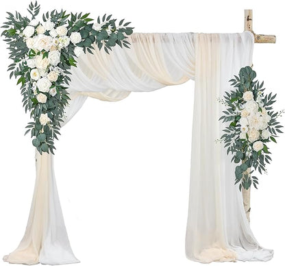 Ting's time Artificial Wedding Arch Flowers Kit(Pack of 4) 2pcs Large Artificial Flower Swags with 2pcs Draping Fabric for Wedding Party Ceremony Decoration(White)