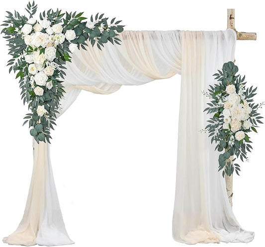 Ting's time Artificial Wedding Arch Flowers Kit(Pack of 4) 2pcs Large Artificial Flower Swags with 2pcs Draping Fabric for Wedding Party Ceremony Decoration(White)
