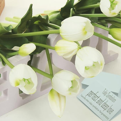 20pcs Artificial Tulip Flowers,16 Inch Real Touch Tulip Stems with Faux Leaves, Faux Tulips and Buds for Home Décor Centerpiece Ornament Wedding Bouquet,White