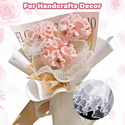 Cftone 4 Yards Pearl Edge Flower Wrapping Mesh Paper with 3/5 inch Organza Ribbon 50 Yard Gift Wrap Ribbon, Bouquet Transparent Mesh Wrapping Paper for Mother's Day Valentine's Day Wedding Graduation Birthday Gift (Pink with 50 Yard Pink Ribbon)