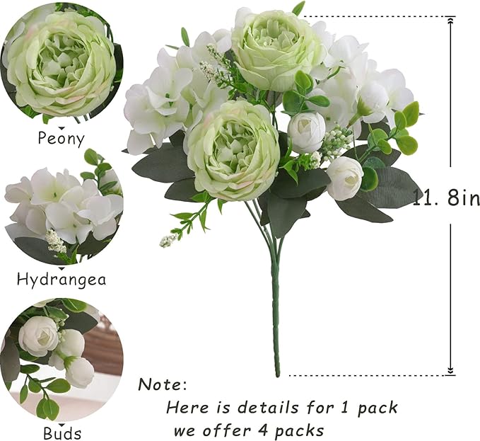 4 Bunches Green Peony Artificial Flowers for Decoration Faux Rose Fake Bouquet Silk Arrangements Table Centerpiece for Vase Cake Topper Bridal Baby Shower
