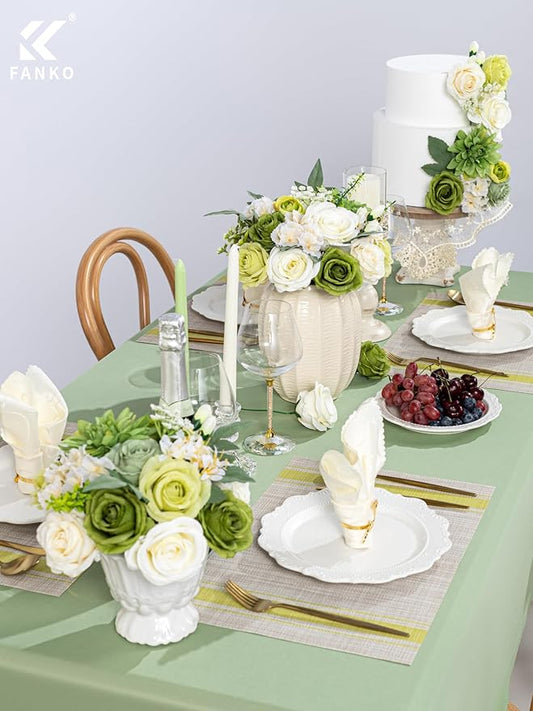 FANKO Artificial Flowers Green Rose, Mixed Silk Fake Flowers Combo Cream White Rose Green Dahlia Vintage Assorted Blooms for DIY Wedding Bridal Bouquets/Centerpieces/Home Decor