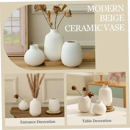 3Pcs Ceramic Vases, Ribbed Vase Set, Minimalist White Home Decor for Farmhouse, Coffee Table, Bookshelf Ceramic Vase
