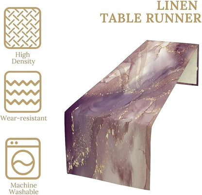 Pink Marble Table Runner Purple Maroon Gold Veins Unique Ombre Abstract Modern Luxury Ink Texture Seasonal Dinner Runner Table Decoration for Home Kitchen Dining Holiday Party 13x70in