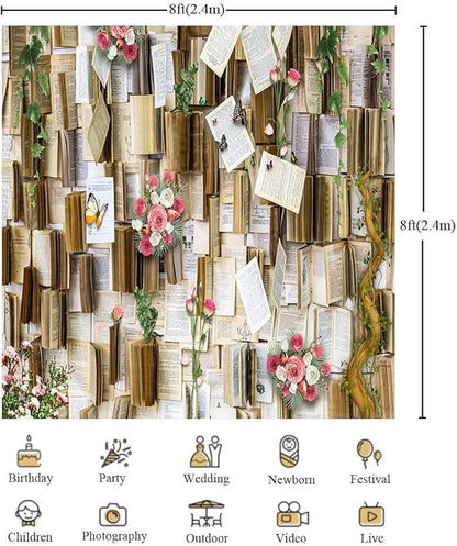 8x8ft Vintage Bookshelf Background Books Pink Flowers Weeding Decor Photo Backdrop Girls Party Kids Baby Shower Birthday Baby Shower Photo Studio Props KUBDJ731
