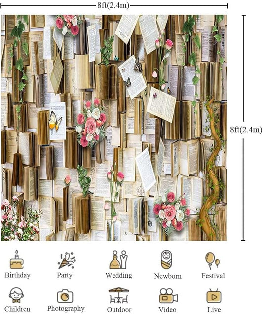 8x8ft Vintage Bookshelf Background Books Pink Flowers Weeding Decor Photo Backdrop Girls Party Kids Baby Shower Birthday Baby Shower Photo Studio Props KUBDJ731