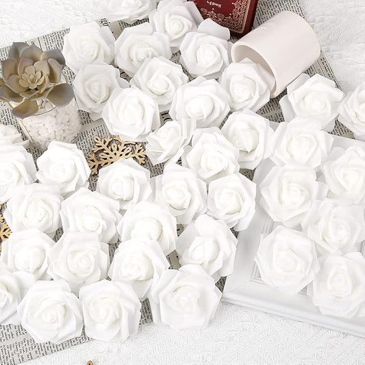 Artificial Rose Flower Heads, 100pcs White Foam Roses Artificial Flower Heads Fake Rose for DIY Wedding Bouquets Centerpieces Arrangements Party Baby Shower Home Decor (Stemless,White)