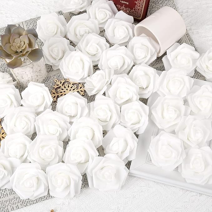 200pcs White Artificial Foam Rose Flower Head, 3-Inch Fake Flower Heads Stemless Flowers for DIY Crafts,Wedding Bouquets Centerpieces Arrangements Party Baby Shower Home Decor (White)
