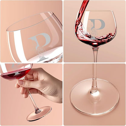 Personalized Gifts for Women, Monogrammed A-Z Wine Glass Customized Gift, Unique Christmas Birthday Gifts for Women Her Mom Friend Sister Wife Daughter Nurse (P)