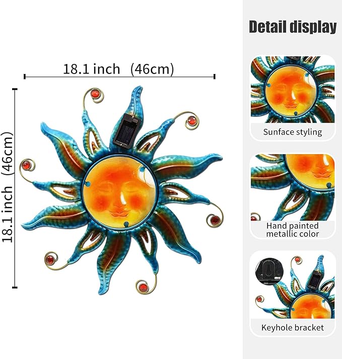 18 "Solar Sun Face Wall Art - Metal Sun Sculpture with LED Lights & Smiling Face, Outdoor Wall Hanging Decorations (Blue)