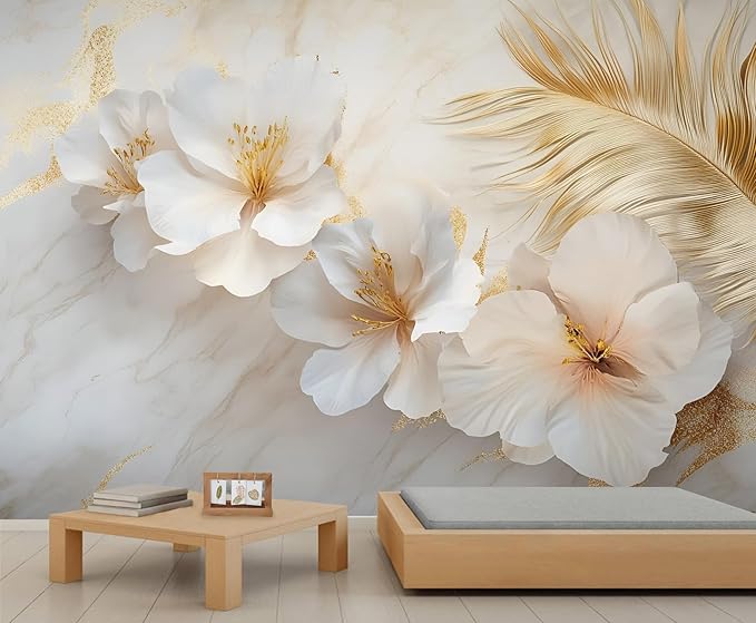 White Flowers Marble Wall Mural, Luxury Floral 3D Wall Murals, Elegant Gold Leaf Design Wallpaper Mural, for Living Room Bedroom Large Wallpaper Indoor Decor 169.3" W x118.2 H