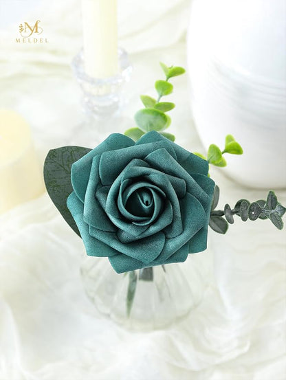 Meldel Artificial Flowers 50pcs Real Looking Peacock Green Foam Fake Roses with Stems for DIY Wedding Bouquets Bridal Shower Centerpieces Floral Arrangements Home Decorations Bulk Crafts Rose
