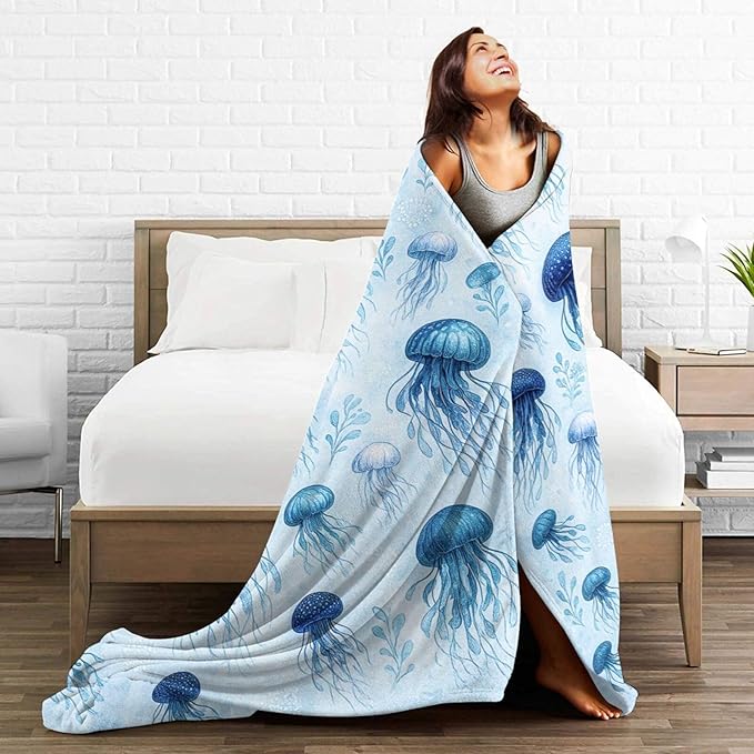 Jellyfish Blanket Marine Life Throw Blanket Blue Ocean Sea Soft Cozy Fleece Sealife Fuzzy Stuffed Plush Animal Flannel Gifts for Girls Women Boys Kids Adults 50"X60"