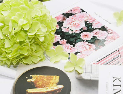 DuHouse Artificial Bigger Silk Hydrangea Flower Heads with Stem Fake Green Hydrangea Flowers for Wedding Home Garden Centerpiece Pack of 6