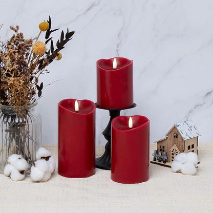 Eywamage Red Flameless LED Pillar Candles with Remote, Real Wax Flickering Christmas Candles Battery Operated Set of 3