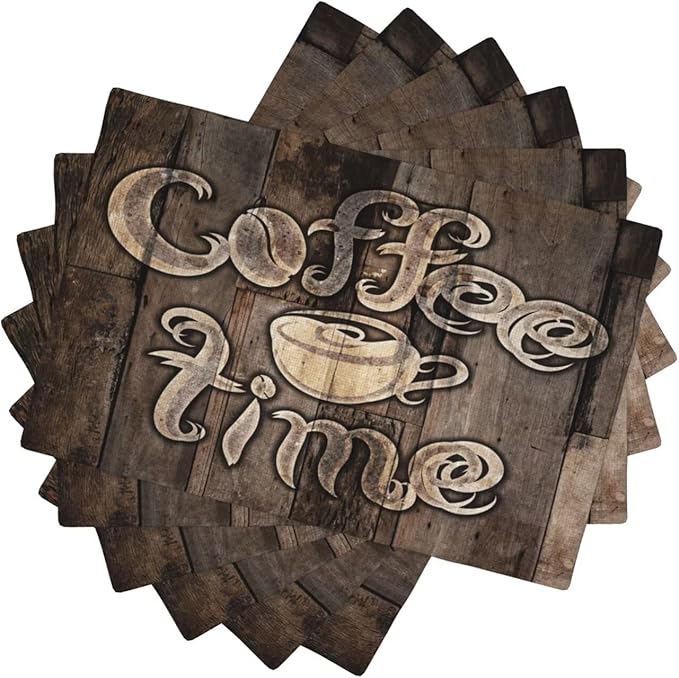 Coffee Linen Table Placemats Set of 6 Coffee Cup Vintage Wooden Print Placemat Indoor Outdoor Party Home Desktop Kitchen Dining Room Decoration 12x18 Inch