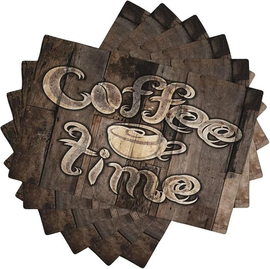 Coffee Linen Table Placemats Set of 6 Coffee Cup Vintage Wooden Print Placemat Indoor Outdoor Party Home Desktop Kitchen Dining Room Decoration 12x18 Inch