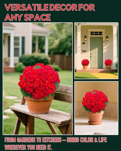 UV Resistant Red Geranium Fake Outdoor Flowers Christmas Decor- 6 Bundles Realistic Silk Artificial Flowers for Outside for Planter Hanging Basket, Faux Plants for Garden Porch Yard Home Décorations