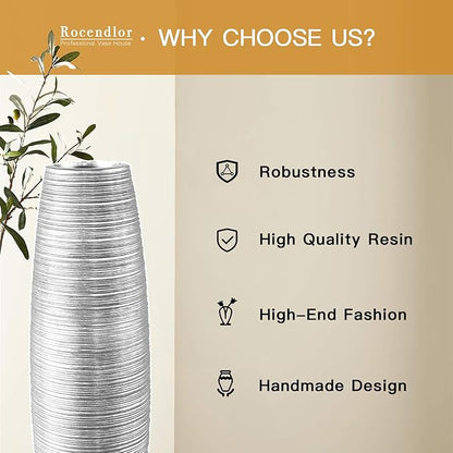 Tall Floor Vase, 27.5 inches (70cm, 2.3FT) Tall Vases Sturdy, Luxury, Textured for Decorative Branches Dried Flowers, Floor Vase for Rustic Living Room, Modern Decor, Resin Silver Vases