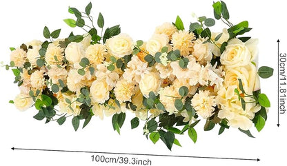 Eapmic Artificial Flower Row, 39.37in Peony Hydrangea Floral Arrangement, Faux Flower Panel Table Centerpiece for Wedding Arch Wall Backdrop Ceremony Reception Home Party Decoration (Champagne)
