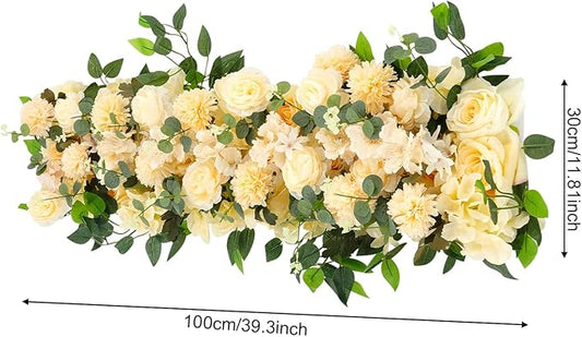 Eapmic Artificial Flower Row, 39.37in Peony Hydrangea Floral Arrangement, Faux Flower Panel Table Centerpiece for Wedding Arch Wall Backdrop Ceremony Reception Home Party Decoration (Champagne)