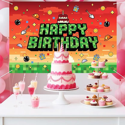 Pixel Theme Birthday Backdrop, 150x100cm/5x3ft Polyester Pre-Drilled Video Game Happy Birthday Banner Backdrop for Boys Girls Themed Party Favors & Decor Supplies