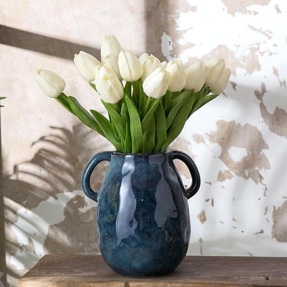 Blue Ceramic Vase with 2 Handles for Modern Farmhouse Home Decor, Vintage Rustic Decorative Vases, Small Vase for Fresh and Dried Flowers, Centerpiece Table Decorations, 7 Inch