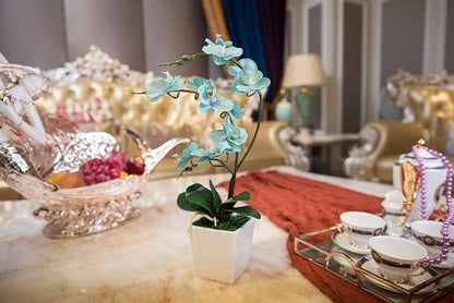 15 Inches Tall Artificial Silk Phalaenopsis Orchid Flower Plant Pot Teal Arrangements (Golden Blue)