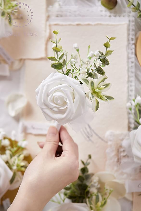 TINGE TIME Boutonniere for Men Wedding,Groom and Best Man Boutonniere for Wedding Ceremony Anniversary, Formal Dinner Party and Rustic Spring Wedding Marriage (10, Virginal White)