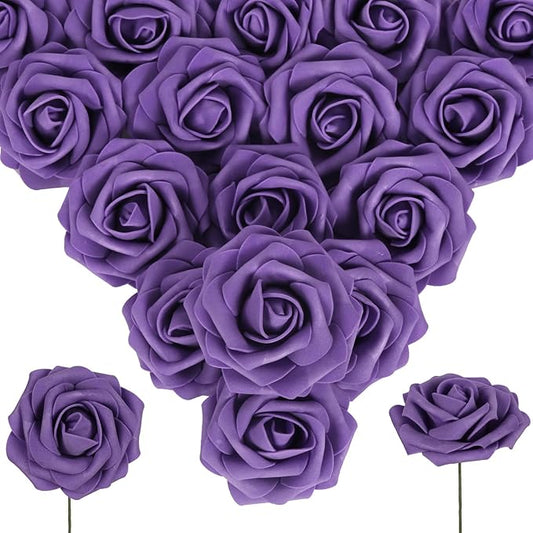 Purple Roses 50PCS Artificial Foam Flowers with Stems Fake Roses Real Looking Purple Flowers for Bridal Shower Centerpieces Wedding Bouquet Table Decorations for Party (Purple)
