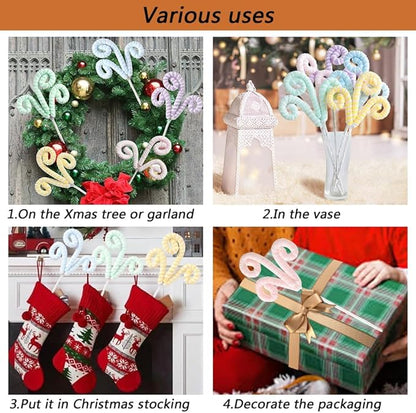 5Pcs/Set Macaron Color Christmas Tree Picks Pastel Candy Shape Christmas Tree Topper 14.5” Christmas Curly Picks with Gitter Sequins Ornaments for Home Xmas Tree Vase Garland Holiday Party Decor
