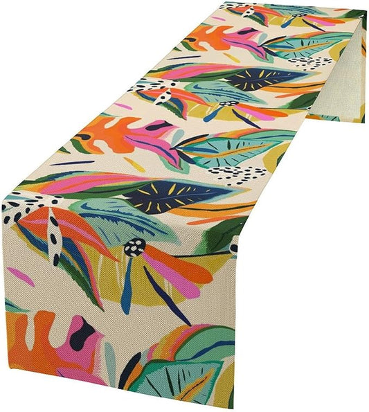 Colorful Flower Table Runner,Abstract Flower Blossom Botanical Pattern Print Tablecloth Burlap for Hotel Indoors Outdoor Dining Room Kitchen Table Decor, 13x108in