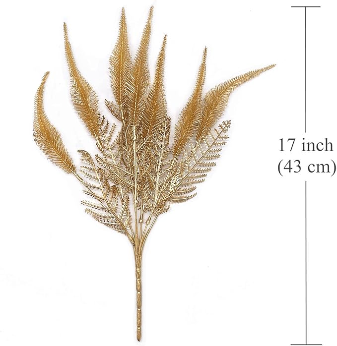 Artificial Golden Plants Decoration, Fake Plant Shrubs Plastic Grass Simulation Tail Leaves for Christmas Indoor Outdoor Hall Home Garden Planter Filler Party Verandah Wedding DIY Decor - Gold 2 Pack