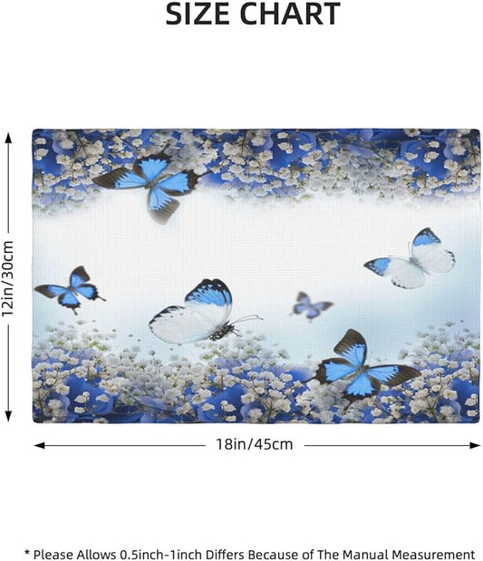 Blue Butterfly Flowers Placemats Set of 6,Spring Summer Flower Place Mats Washable for Kitchen Dining Table Heat Resistant Decorative Colth Table Mats 6 PCS, Style-3