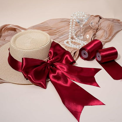 LaRibbons Red Satin Ribbon 4 Inch 10 Yards Christmas Ribbons Double Faced Luxury Burgundy Silk Ribbon for Gift Wrapping Flower Bouquets Bow Christmas Wedding Party Decoration