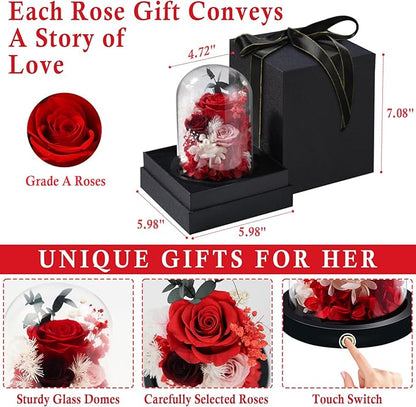 FIACO Preserved Flowers Christmas Rose Gifts for Women, Birthday Gifts Eternal Rose in Glass Dome Long-Lasting Real Forever Flowers Gifts for Mom Grandma Wife Girlfriend Red