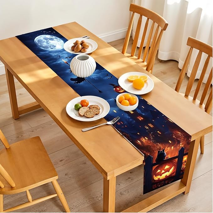 Halloween Witch & Full Moon Table Runner – 13x72 Inch Spooky Halloween Decor with Witch Silhouette and Moon Design, Durable Linen-Look Fabric for Dining Tables & Parties